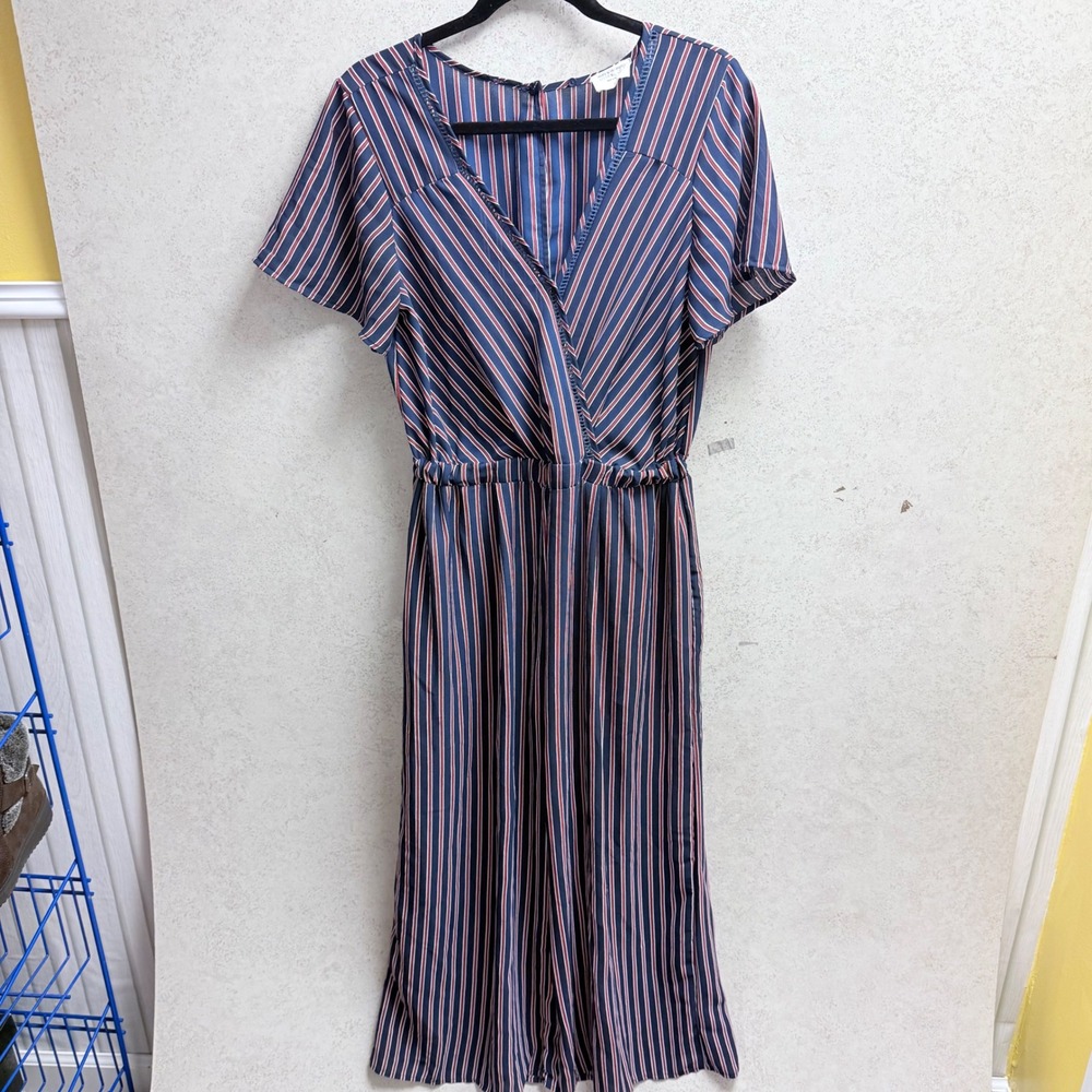 Sienna Sky Large Blue Red Striped V Neck Short Sleeve Elastic Waist Jumpsuit